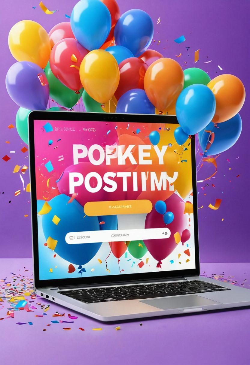 A sleek laptop showcasing a vibrant and joyful website interface, surrounded by colorful uplifting elements like balloons and confetti, representing the positivity of premium hosting. Include a glowing key symbolizing 'unlocking joy' and a digital landscape in the background. bright colors. 3D. super-realistic.