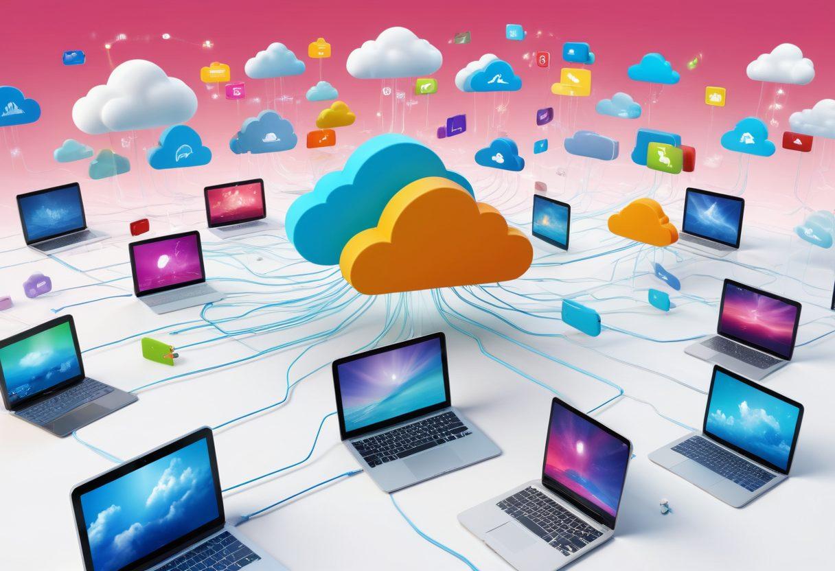 A modern digital landscape showing a diverse group of users happily interacting with cloud-based services on various devices like tablets and laptops. Bright, uplifting colors with interconnected cloud icons floating above them, symbolizing shared resources and connectivity. The background features abstract representations of digital data flow. super-realistic. vibrant colors. 3D.